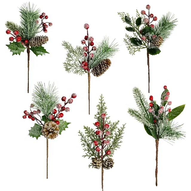 Artificial Red Berry and Pine Cone Christmas Picks with Holly  Branches for Holiday Decorations Christmas spray snow branches