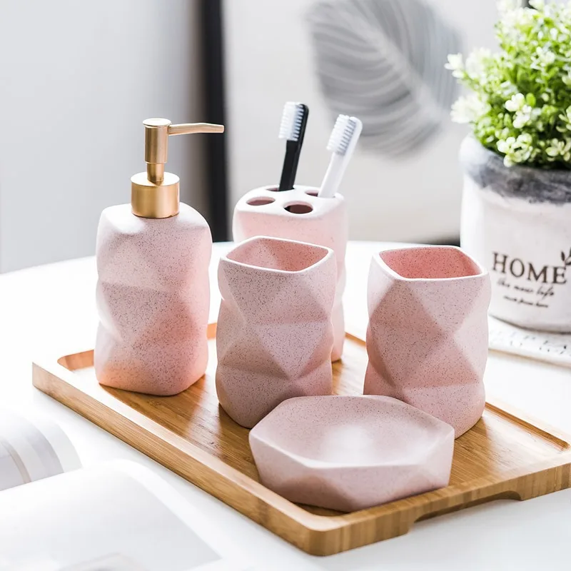 Wholesale Bulk Nordic Matte Pink Hotel Home Bathroom Accessories Set Cheap Ceramic Bathroom Set