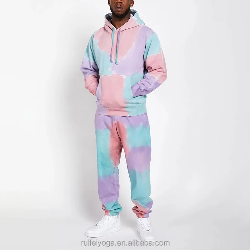Custom Men Sweat Suits 3d Puff Print Acid Wash Hoodie Unisex Tracksuit Streetwear French Terry Tie Dye Sweatpants And Hoodie Set