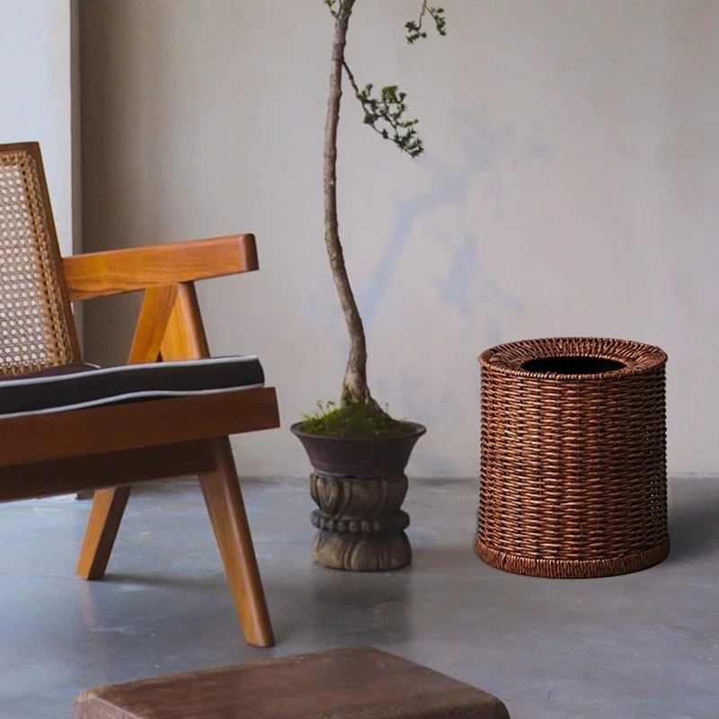 Brown 12L high-end tea room tea art trash can household  rattan weaving bedroom  living room  homestay office