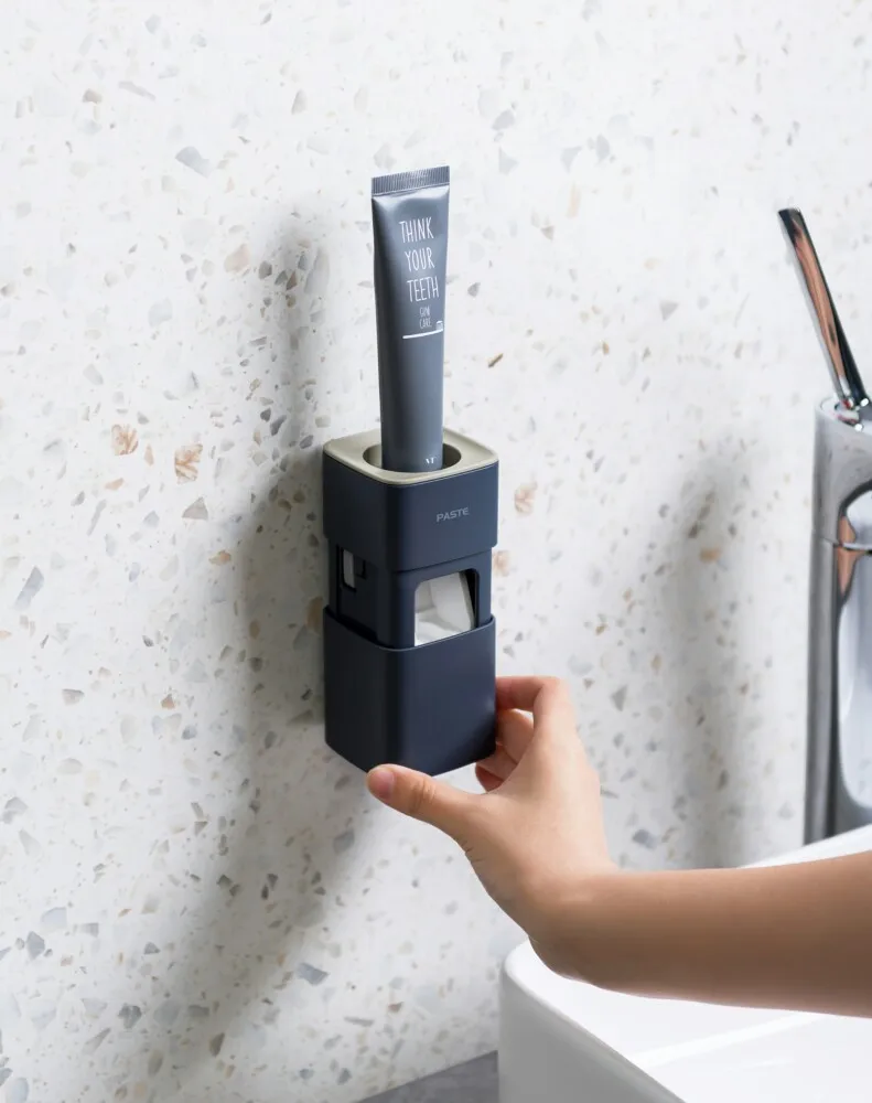 Pinmoo Automatic Toothpaste Dispenser Set with Wall Mounted Hands Free Toothbrush Holder Toothpaste Squeezer