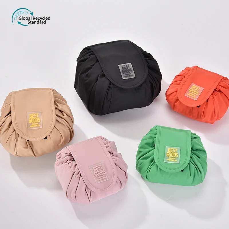 Private label travel large capacity recycled beauty nylon drawstring cosmetic bag makeup bag