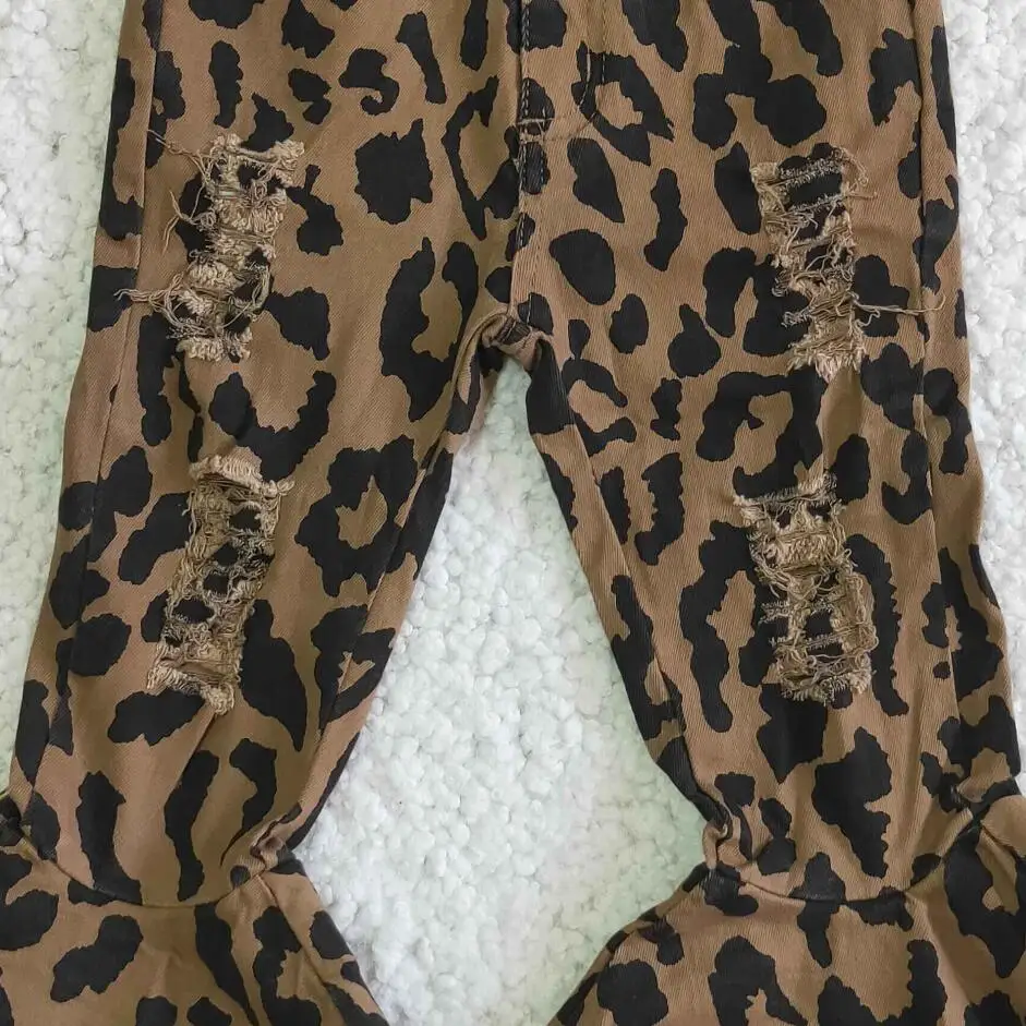 New Arrival Double Flares Bell Bottom Leopard Pants Jeans Adjustable Belt with Button Children Jeans Denim Pants NO MOQ