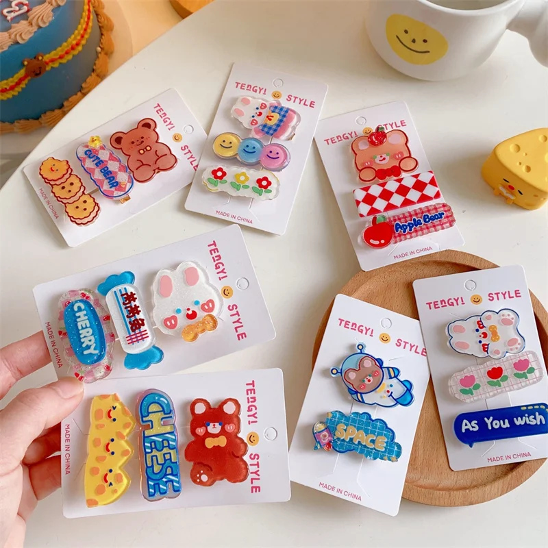 2/3pcs/set Girls Cute Acrylic Hair Pins Cartoon Barrettes Women Rabbit Bear Hair Clips