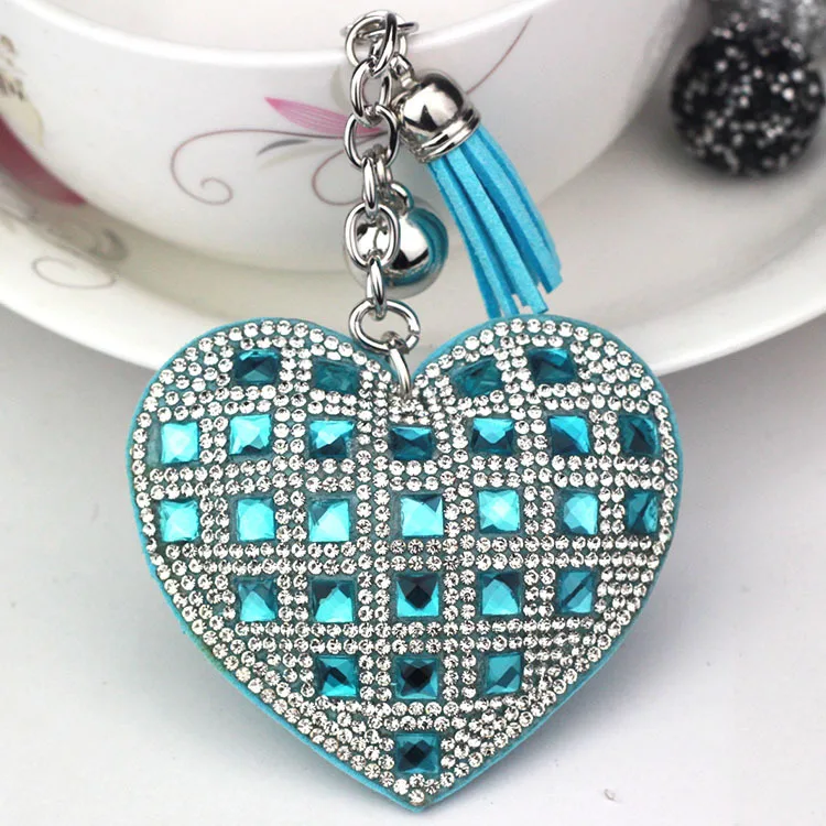 Hot Selling Fashion Korean Velvet Glass Rhinestone Bling Sparkling Peach Heart Keychain For Car Keys
