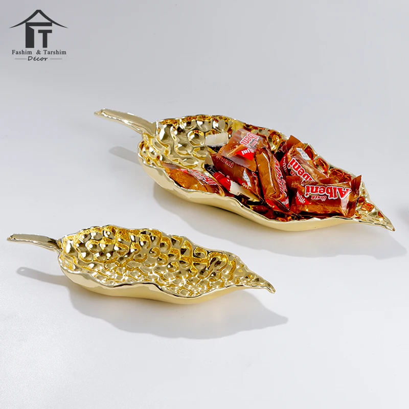 Luxury Chocolate Plate Decorative Leaf Shape Gold Table Dried Fruit Plate Dish  Wedding Restaurant Hotel Party Tray