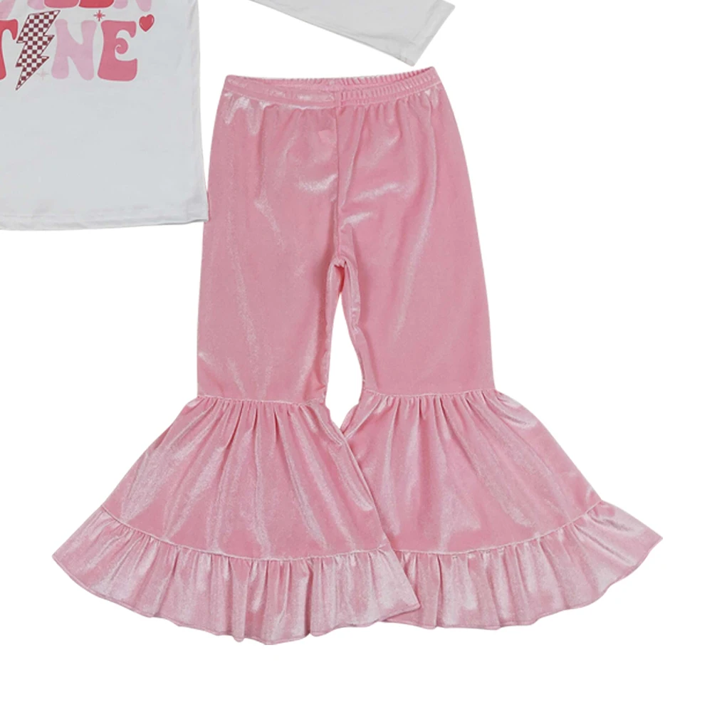 Valentines clothes white long sleeves flutter top pink bell bottom pant wholesale girls clothes outfit boutique low price no moq