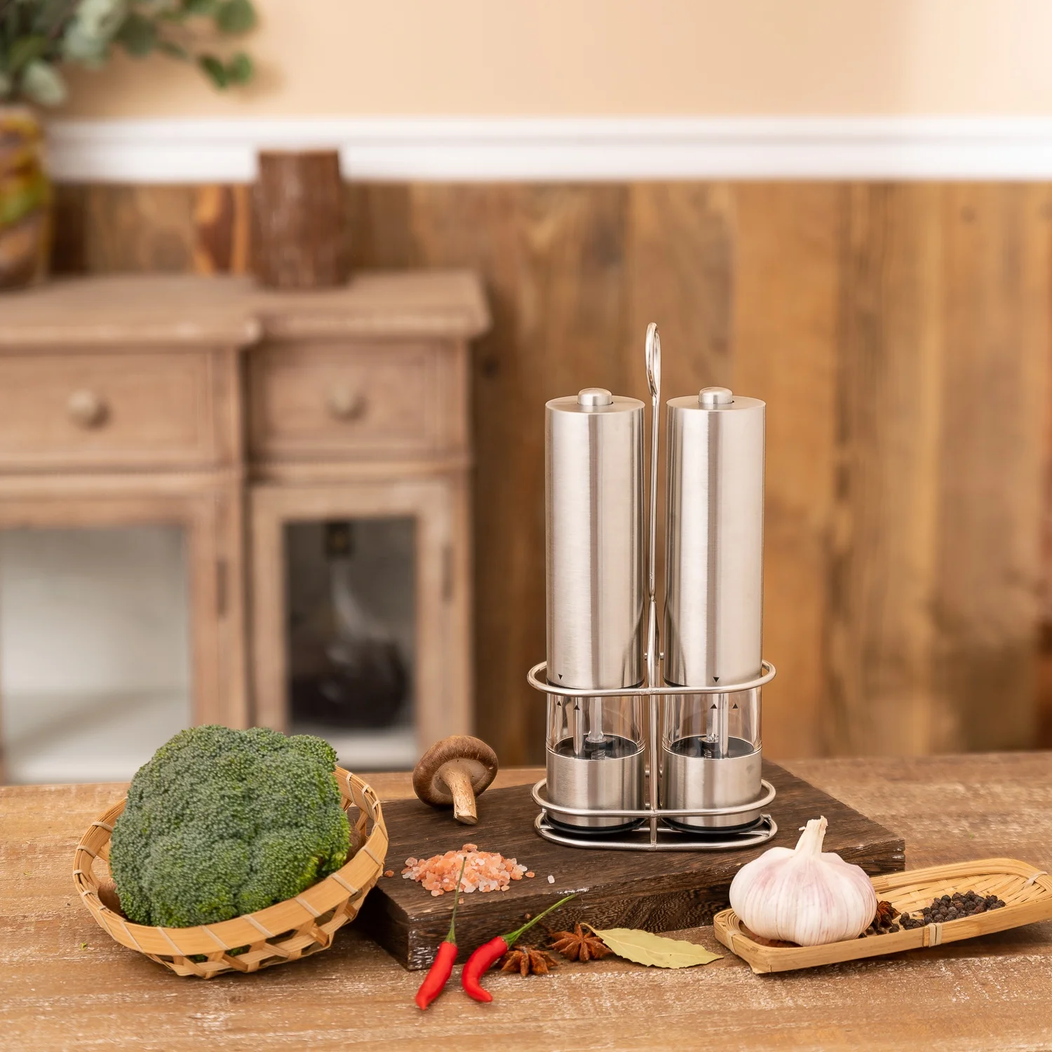 Electric Pepper Mill Set with Stainless Steel Stand Pepper&Salt Grinder Set
