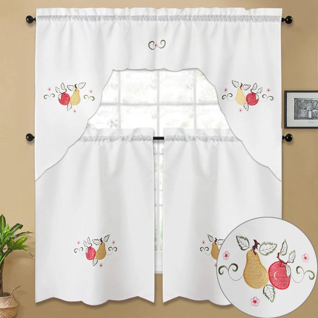 Beautiful Home Decorative Classic American Patchwork Design Embroidered Door Beige Window Kitchen Fruits Curtains 3-piece set