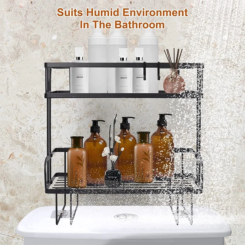 Over The Toilet Storage Shelf, 2-Tier Bathroom Organizer Shelf Bathroom Shelves Over Toilet with 4 Hanging Hooks,black
