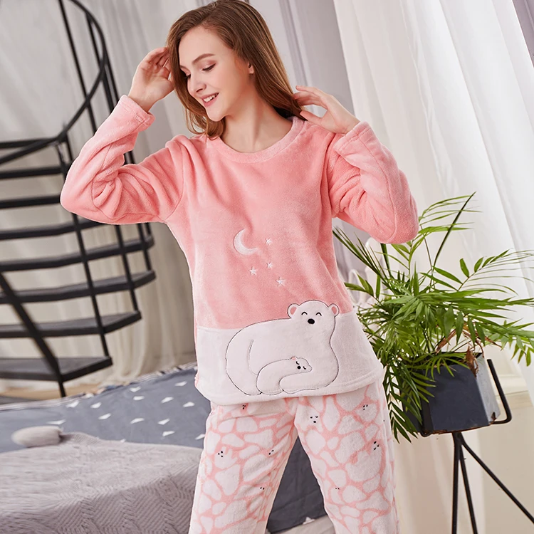 Hot Sale Warm Flannel Velvet Sleepwear Winter Women Thick Pajamas Set