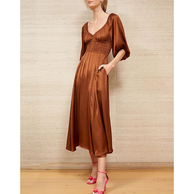 Europe And America French Satin Chiffon Midi Suspended Dress Pleated V neck Short Sleeve Casual Long Dress Women