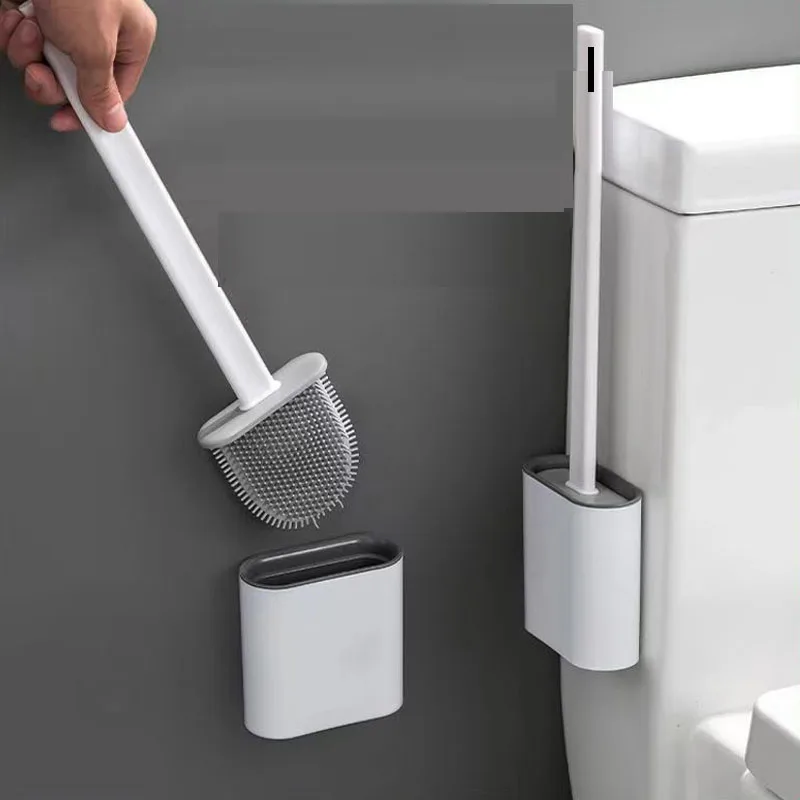 Silicone Bristles Toilet Brush and Holder Bathroom Storage and Organization Compact Wall Hang Cleaning Kit WC Accessories