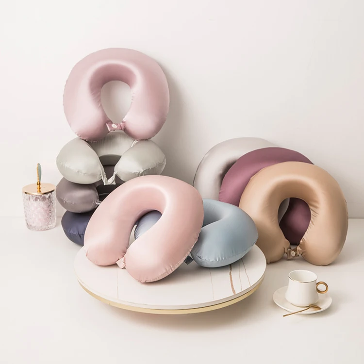 Factory wholesale silk u-shaped pillow custom logo protect sleep home travel silk travel pillows for airplane