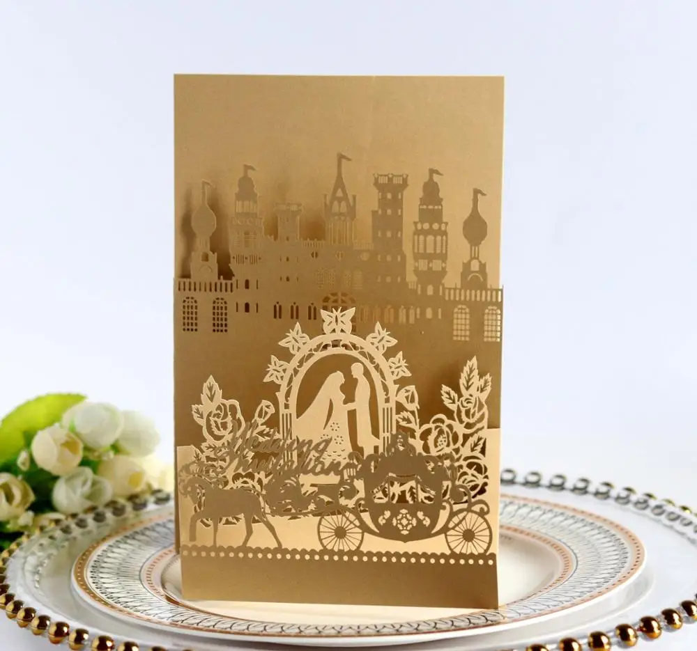 Wholesale Castle Carriage Wedding Cards Cutout Design Greeting Cards With Envelope