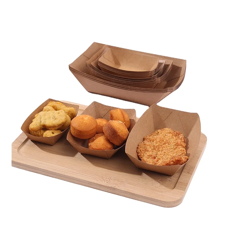 Kraft paper boat box laminated open mouth paper plate tray disposable snack container fried chicken bxoes can be printed logo