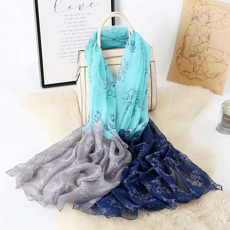 2021 HW Three-Color Butterfly Flower Print Pattern Stitching Thin Ladies Yarn Long Scarf Print Reversible Scarf Women