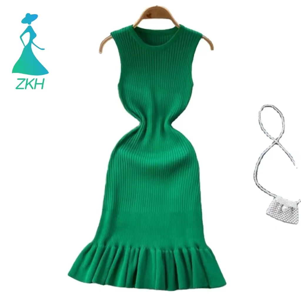 Spring Sleeveless Knitting Casual Dress Women High Waist Midi Mermaid Dress Clothes Women Wholesale