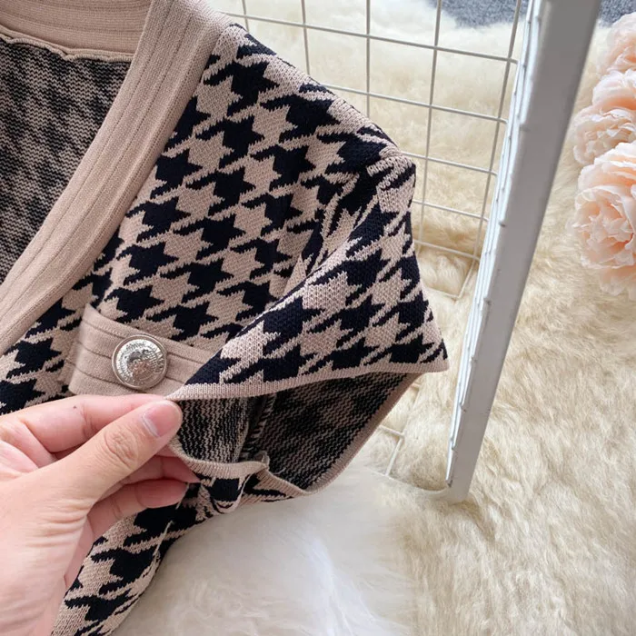 2022 Korean Fashion Classic Houndstooth Pattern Short Sleeve Knitted Dress Women Slim Dresses Clothing 8