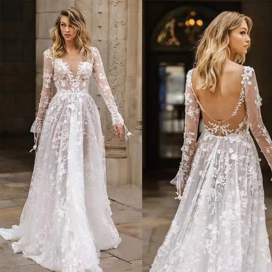 2021 New Summer Women Maxi Party Dress Long Sleeve Floor Length Embroidery White Lace Sexy Backless Tulle