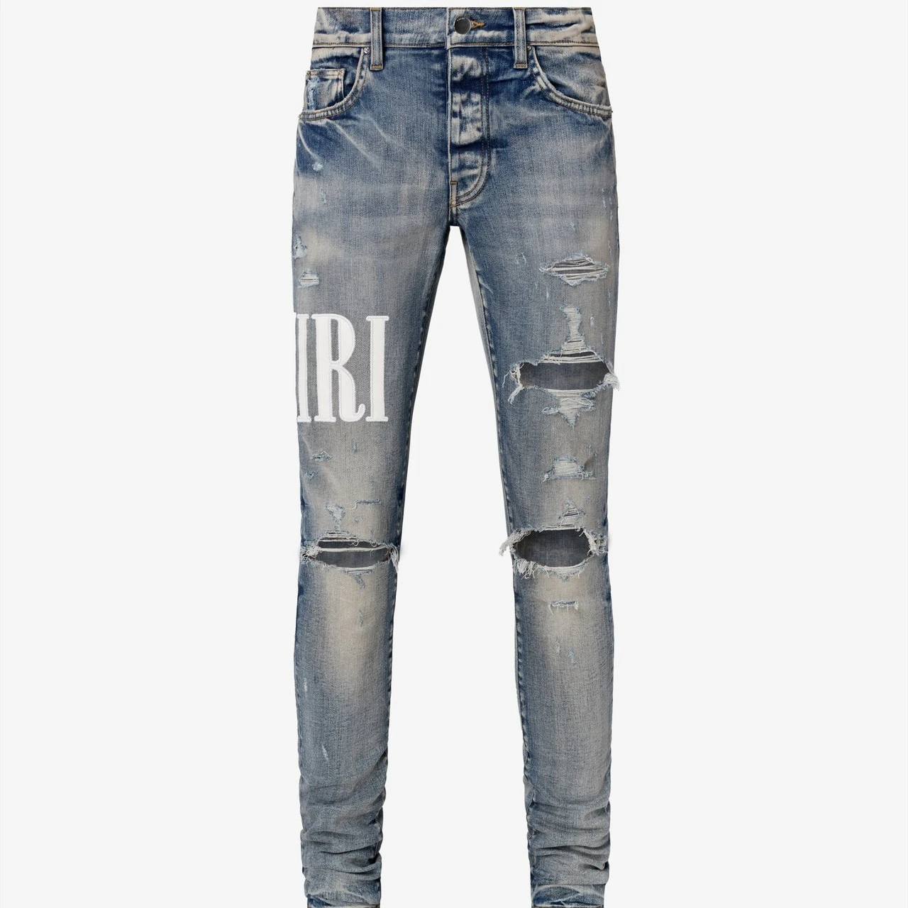 Aymir style logo leather stitching embroidery letter knife cutting wash water hole breaking fashion brand high street jeans man