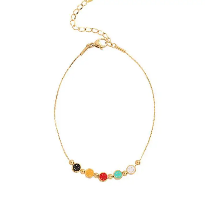 Woying Minimalist 18K Gold Plated Anklet Beads Enamel Smile Face Anklet 316L Stainless Steel Anklets For Women