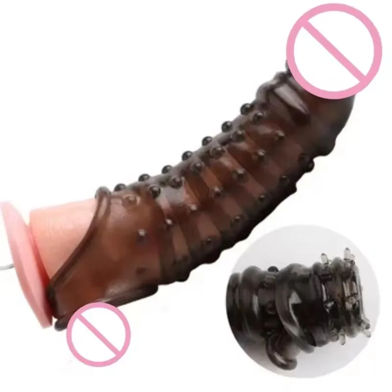 CADO Black Tpe Adult Sex Toys Coarse Wear Penis Sleeve With Lock Extension And Stud Crystal Set Vibrating Ring For Men