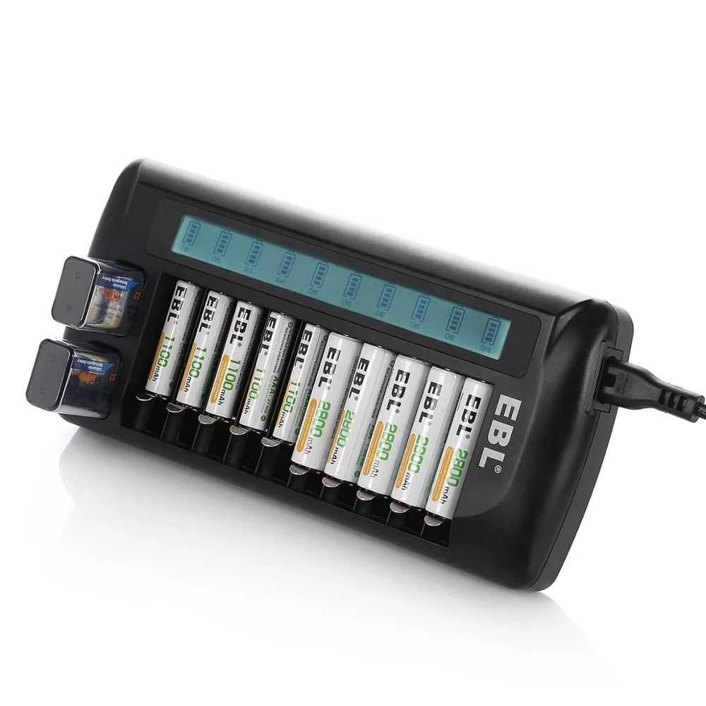 EBL AA AAA 12 Slots Battery Charger With Lcd Display For 9V Nimh Nicd Li-Ion Rechargeable