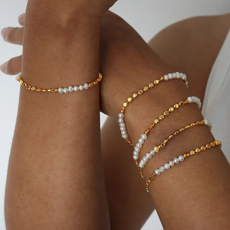 Trendy Jewelry Simple Brass Bead Freshwater Pearl Bracelet Non Tarnish 18k Gold Plated Beaded Bracelets MK4167