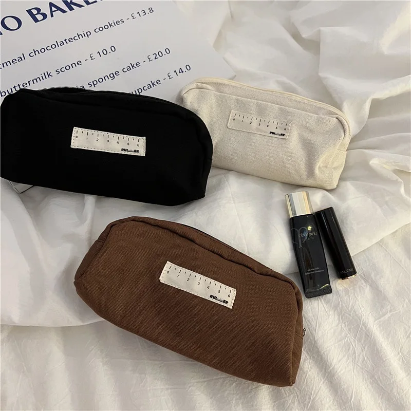 Simple Casual Ruler Solid Color Pen Bag Kids School Pencil Bag Wholesale Gift Cheap Small Students Canvas Stationery Storage Bag