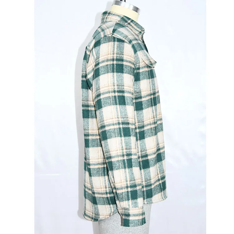 MENS HEAVY WINTER SHIRT IN HEAVY WOVEN POLY WOOL FLANNEL AND LINED UP WITH SOFT SHERPA  GREEN GEIGE PLAID