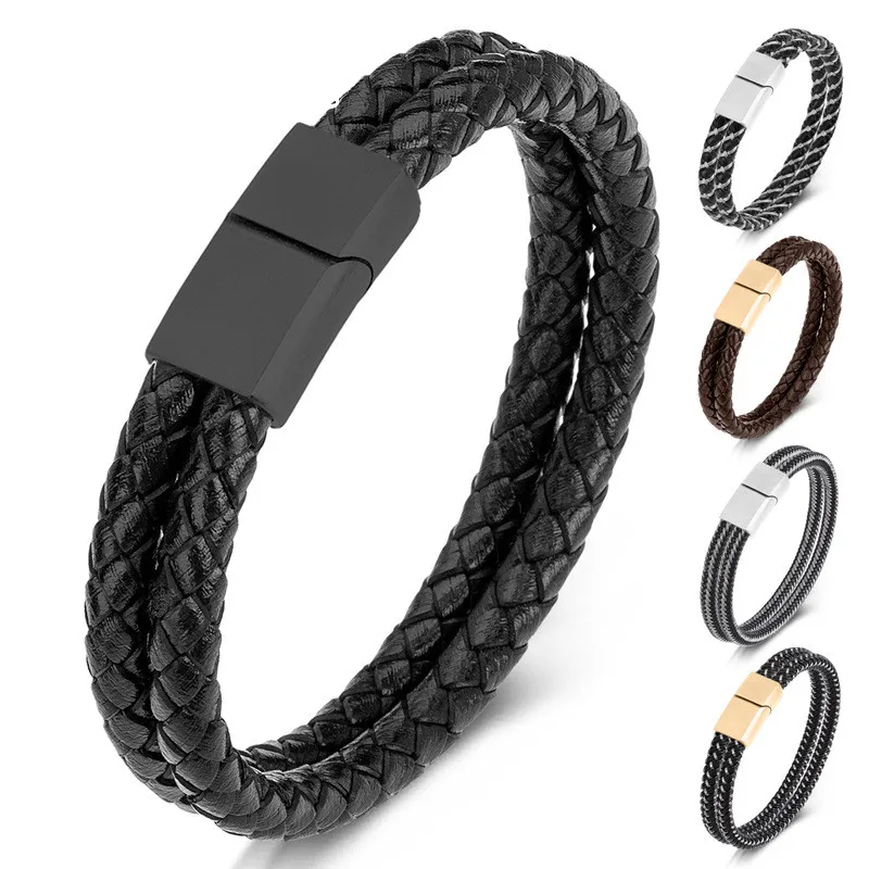 Cool Design Womens Mens Black and Brown Real Leather Bracelet Gold Plated Stainless Steel Clasp Bracelet for Wholesale