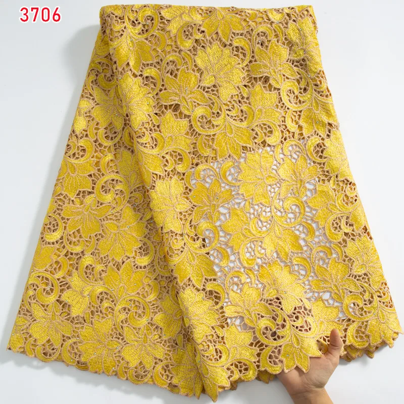 3706 Wholesale African Water Soluble Lace Hot Selling Nigeria Guipure Cord with Rhinestones Cord Lace for Women Evening Dresses