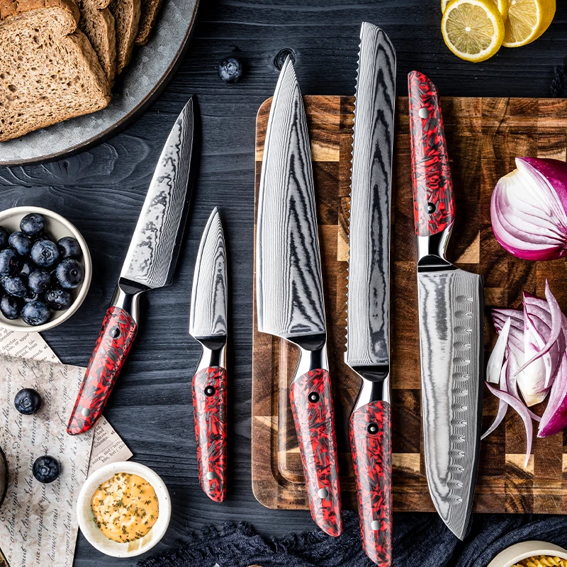 Professional Damascus Carbon Stainless Steel Blade Kitchen Knife Set Chef Utility Knife Set with Resin and Carbon Fiber Handle