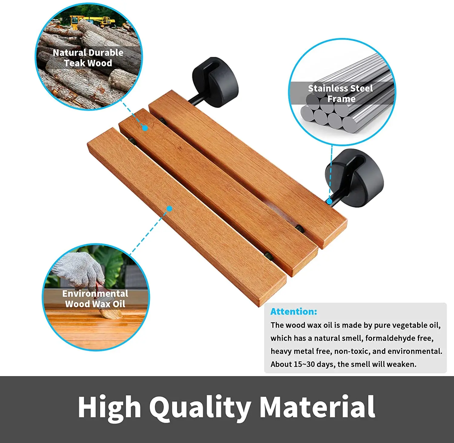 Teak Folding Wall Mounted Shower Seat for Small Shower Space with Matte Black Fitting