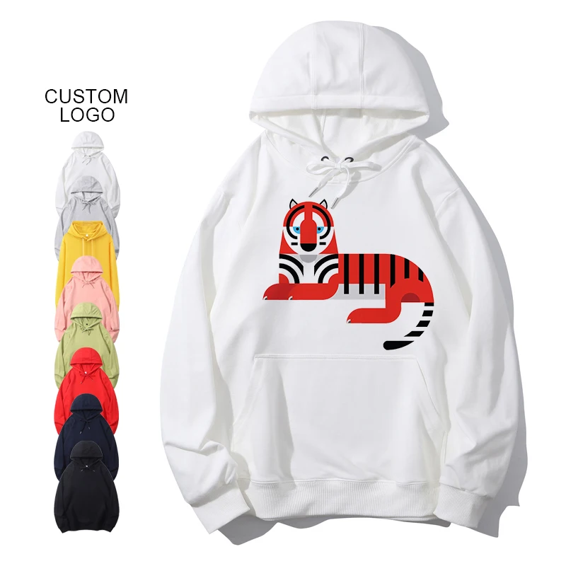 Wholesales 2022 new fashion tiger year theme cartoon illustration printing custom logo pullover cotton unisex crew neck hoodie