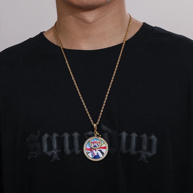 Fancy Design Iced Out Size Circle Picture Pendant Lovers Gift Memorial Photo Frame Pendant Necklace