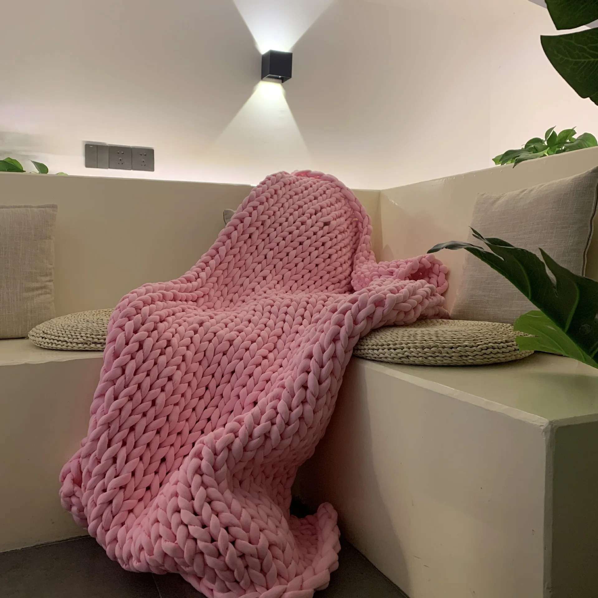 Cotton Tube Filled Braid Blanket Handmade Arm Knitting Chunky Washable 60*60