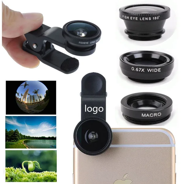 
2018 Promotion Product Universal Cell Phone Camera Lens Kit , 3 in 1 Fish Eye Lens Camera Lens for Mobile Custom LOGO 