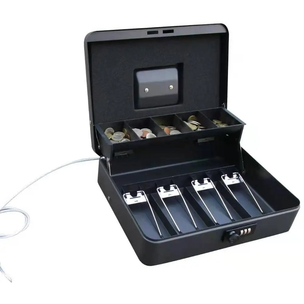 Free Sample Specially designed Dollar high quality steel money storage cash box with safety cable