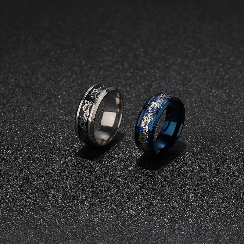Wholesale Non fading Carbon Fiber Black Dragon Inlay Anillo Stainless Steel Tungsten Men Rings