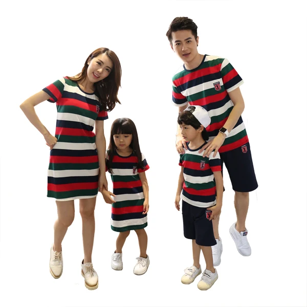Matching Family Outfits Mommy and Me Striped dresses Casual Tshirt Short Sleeve Matching Outfits