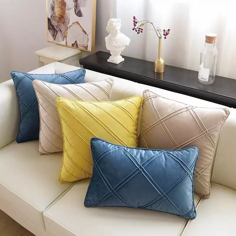 
3D Geometric Pinch Pleated Crystal Velvet Pillowcases Solid Double Pintuck Throw Cushion Cover for Home Decor Hidden Zipper 