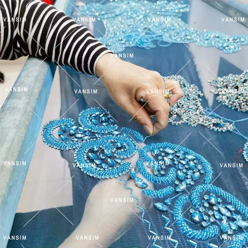 Fashion long body red color Handmade Beaded Crystal Rhinestone Bodice Dress Applique for Party evening dress