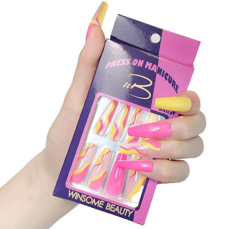 Long Nails Colorful Stripes  Coffin Shaped With Yellow Rose Red Color Glossy Stick on Nails