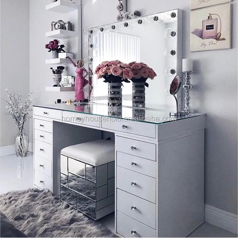 2020L Hot Selling Makeup Vanity Set Mirrored Vanity Table Bedroom Dressing With Hollywood Lighted Makeup Mirror