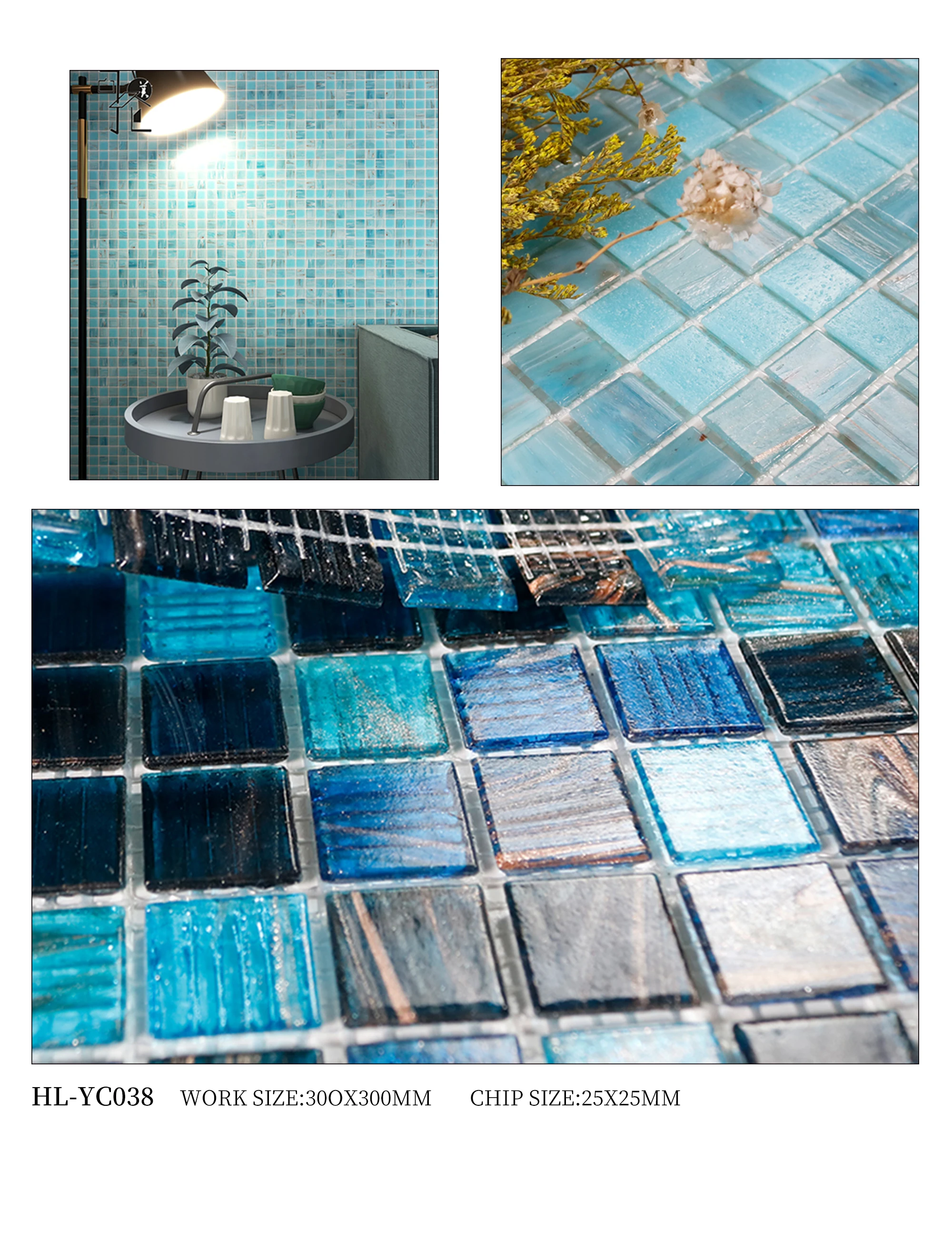 Factory Supply 300x300mm Blended Blues Glass Swimming Crystal Pool Tiles Mosaics