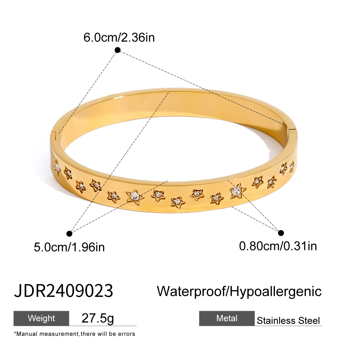 J&D 18k Gold Stainless Steel Round Star Rhinestone Bracelet 8mm Statement Jewelry