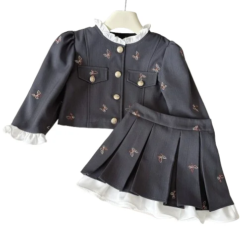 Модная детская одежда Лидер продаж осенняя куртка с длинными рукавами плиссированная юбка комплект из двух предметов для девочек