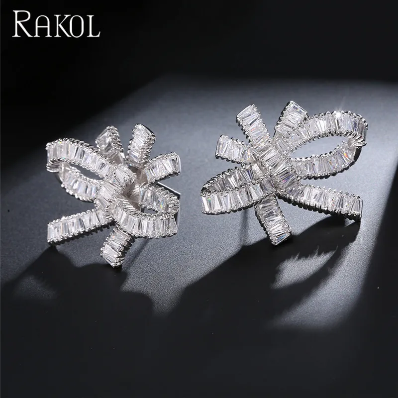 RAKOL EP366 2021 Fashion Rose Gold Full Zircon Crystal 3A Cubic Zirconia Bowknot Bridal Earrings